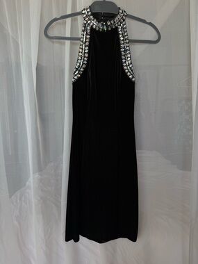 B Darlin Black Velvet Halter Bodycon Dress with Crystal Embellished Neckline